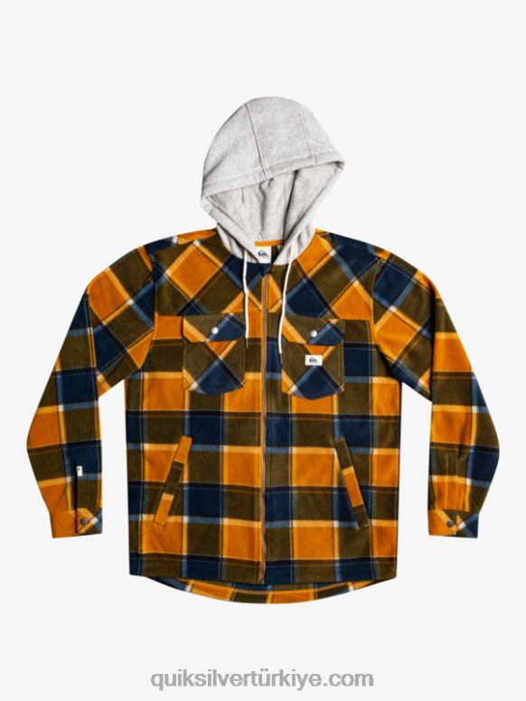 Quiksilver erkekler süper kabarık kapüşonlu polar fermuarlı ceket 226FP1474 buck kahverengi flanel ekose