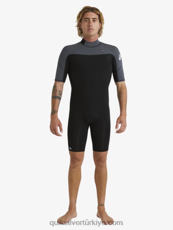 Quiksilver erkekler 2/2 mm günlük kullanımlar kısa kollu arkadan fermuarlı yaylı tulum 226FP1433 siyah/silah metali